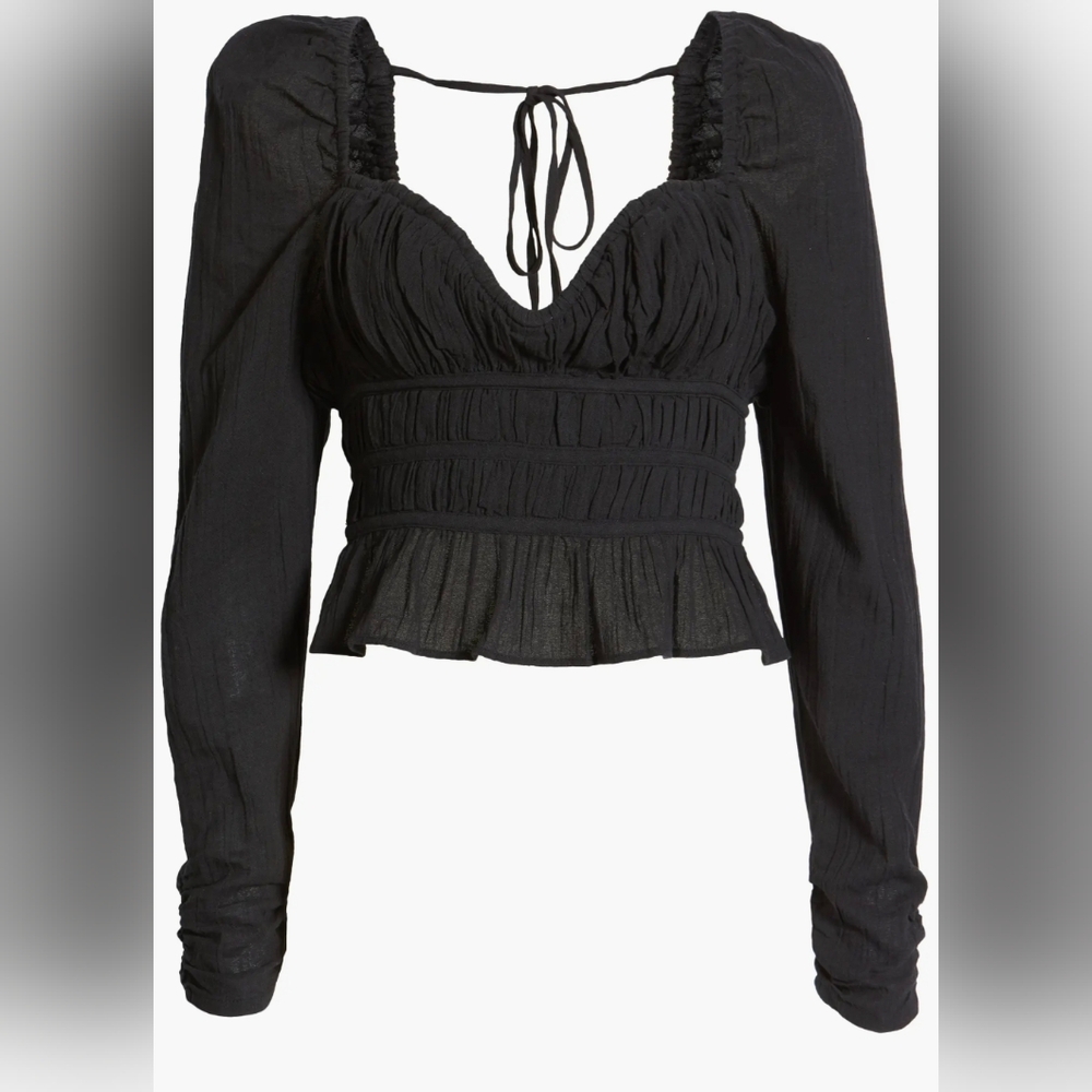Free People Black soft cotton‎ gauze Long Sleeve Smocked Top